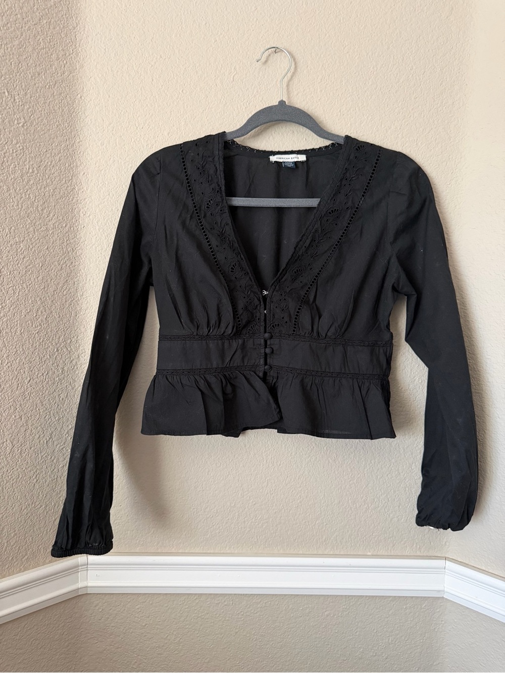 American Eagle Outfitters Black Lace-Trim Peplum Blouse